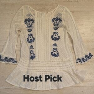 Free People Creamy White Lacey Sheer Tunic Top With Blue Embroidered Accents